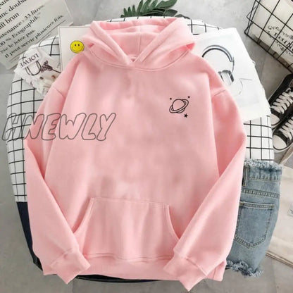 Velvet Winter Women's Cute Saturn Printing Hooded Female Thicken Warm Hoodies Lady Autumn Tops Sweatshirts