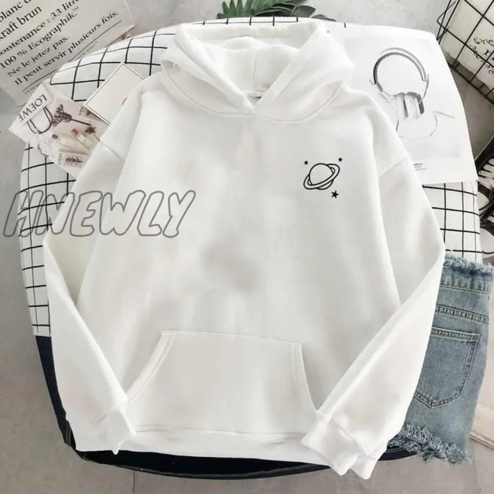 Velvet Winter Women's Cute Saturn Printing Hooded Female Thicken Warm Hoodies Lady Autumn Tops Sweatshirts