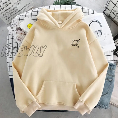 Velvet Winter Women's Cute Saturn Printing Hooded Female Thicken Warm Hoodies Lady Autumn Tops Sweatshirts