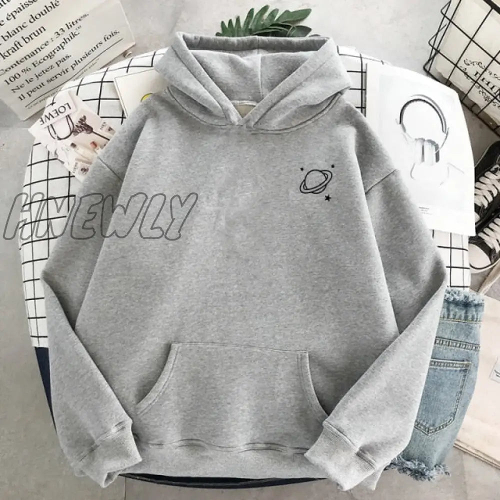 Velvet Winter Women's Cute Saturn Printing Hooded Female Thicken Warm Hoodies Lady Autumn Tops Sweatshirts