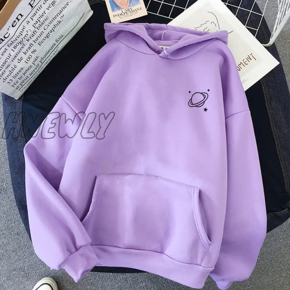 Velvet Winter Women's Cute Saturn Printing Hooded Female Thicken Warm Hoodies Lady Autumn Tops Sweatshirts