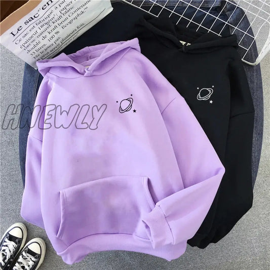 Velvet Winter Women's Cute Saturn Printing Hooded Female Thicken Warm Hoodies Lady Autumn Tops Sweatshirts