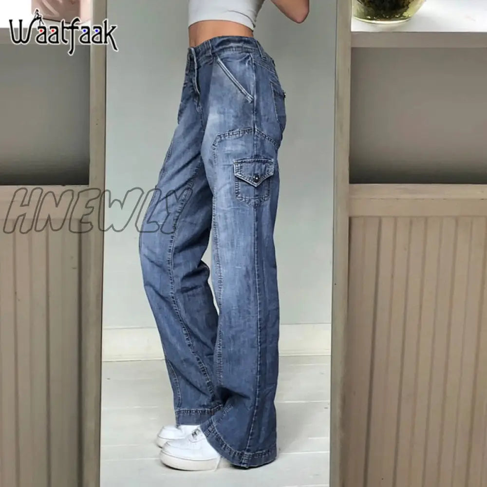 Waatfaak Harajuku Pockets Patchwork Cargo Jeans Y2K Dark Blue High Waist Streetwear 90S Baggy Jeans Women Pants Straight Leg