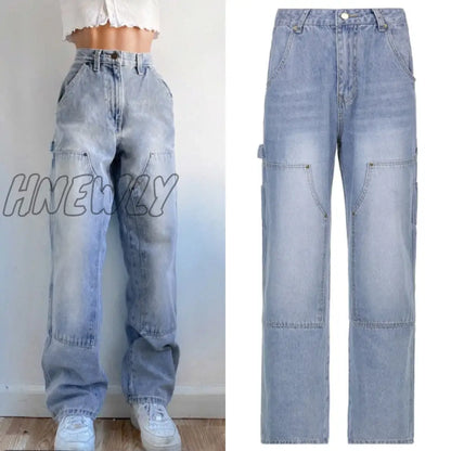 Waatfaak Harajuku Pockets Patchwork Cargo Jeans Y2K Dark Blue High Waist Streetwear 90S Baggy Jeans Women Pants Straight Leg