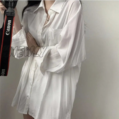 White Sun Protection Shirt Women's Summer Mid-Length Loose Long Sleeve Korean Series Top Early Autumn Gentle Thin Cardigan Coat