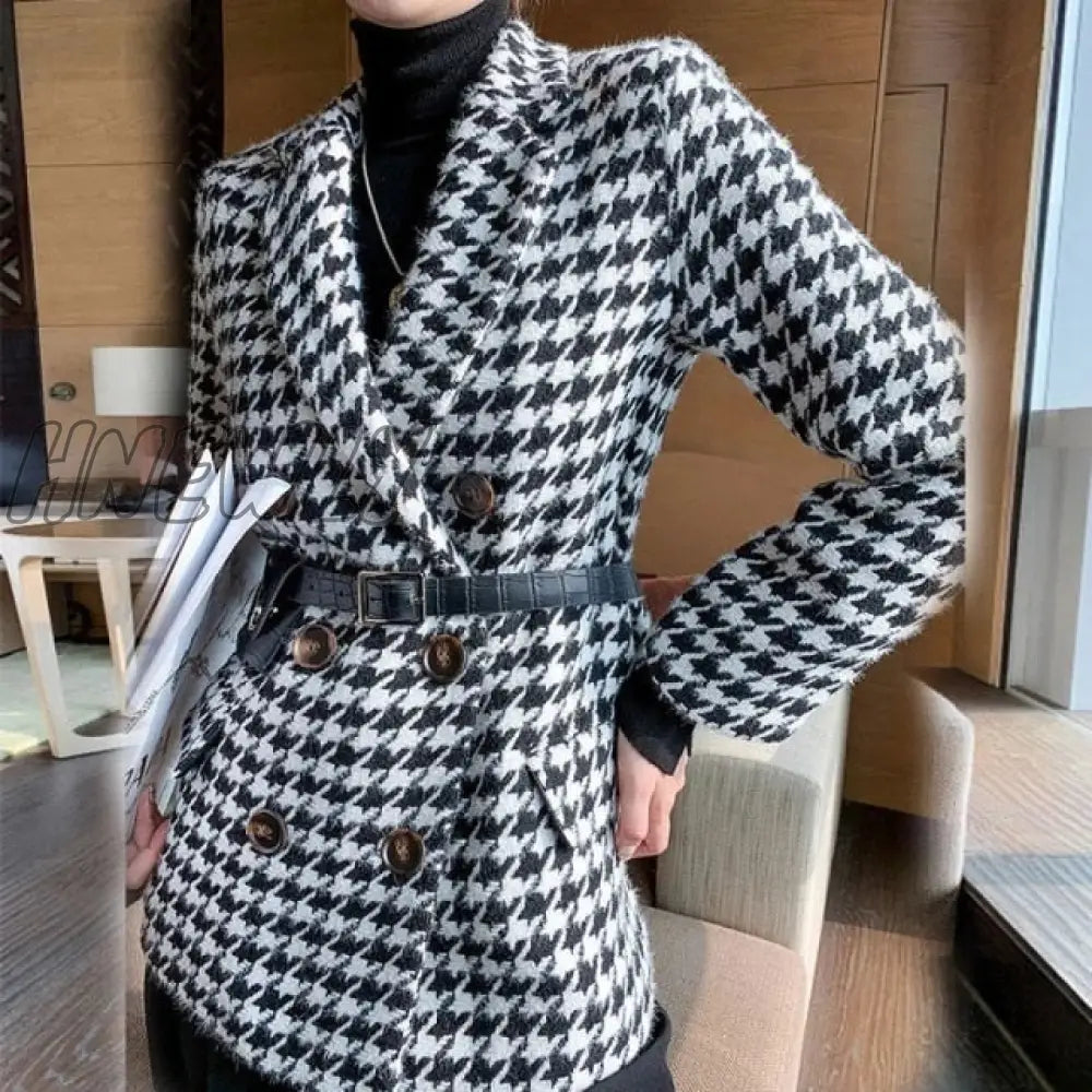 Winter jacket new Korean version with waist bag houndstooth woolen coat suit thick and loose