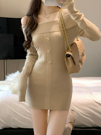 Winter Off Shoulder Sweater Dress Women Elegant Bodycon Y2k Mini Dress Female Outwear One Piece Dress Korean Fashion Autumn