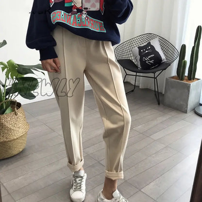 Winter Thicken Pencil Pants Women Warm Wool Loose High Waist Trousers Female Casual Ankle-Length Straight Work Suit Pants