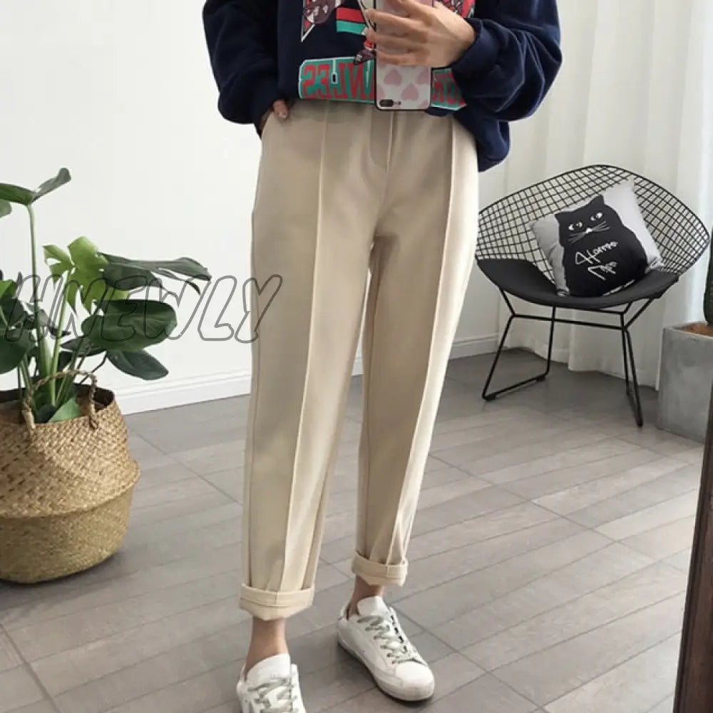 Winter Thicken Pencil Pants Women Warm Wool Loose High Waist Trousers Female Casual Ankle-Length Straight Work Suit Pants