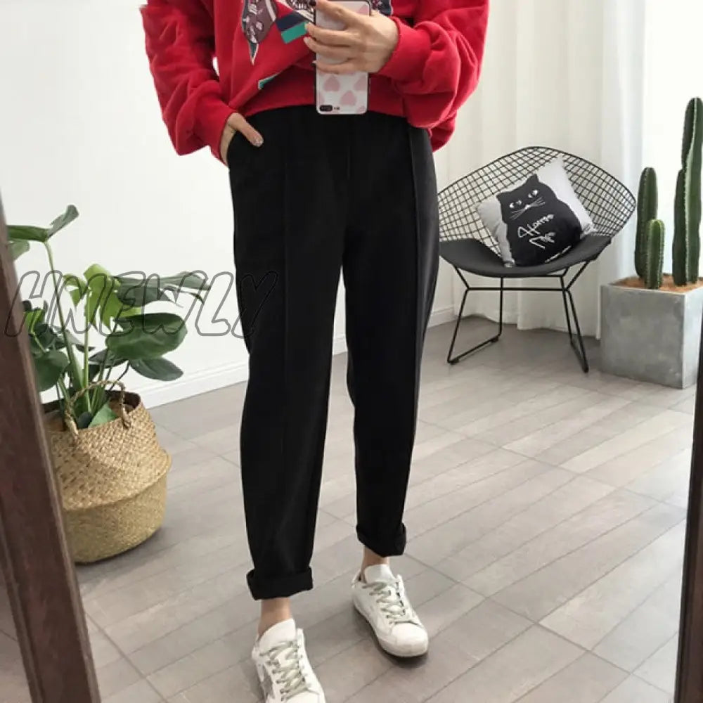 Winter Thicken Pencil Pants Women Warm Wool Loose High Waist Trousers Female Casual Ankle-Length Straight Work Suit Pants