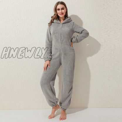 Winter Warm Pyjamas Women Onesies Fluffy Fleece Jumpsuits Sleepwear Overall Hood Sets Pajamas For Women Adult