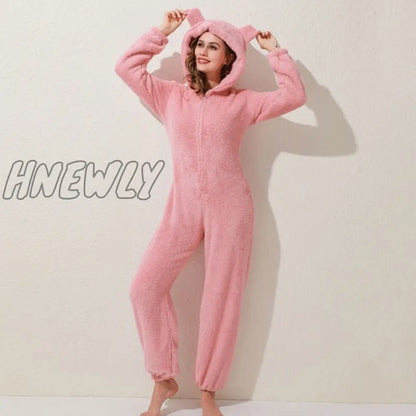 Winter Warm Pyjamas Women Onesies Fluffy Fleece Jumpsuits Sleepwear Overall Hood Sets Pajamas For Women Adult