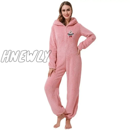 Winter Warm Pyjamas Women Onesies Fluffy Fleece Jumpsuits Sleepwear Overall Hood Sets Pajamas For Women Adult