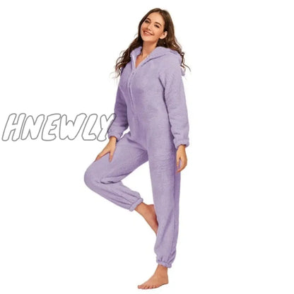 Winter Warm Pyjamas Women Onesies Fluffy Fleece Jumpsuits Sleepwear Overall Hood Sets Pajamas For Women Adult