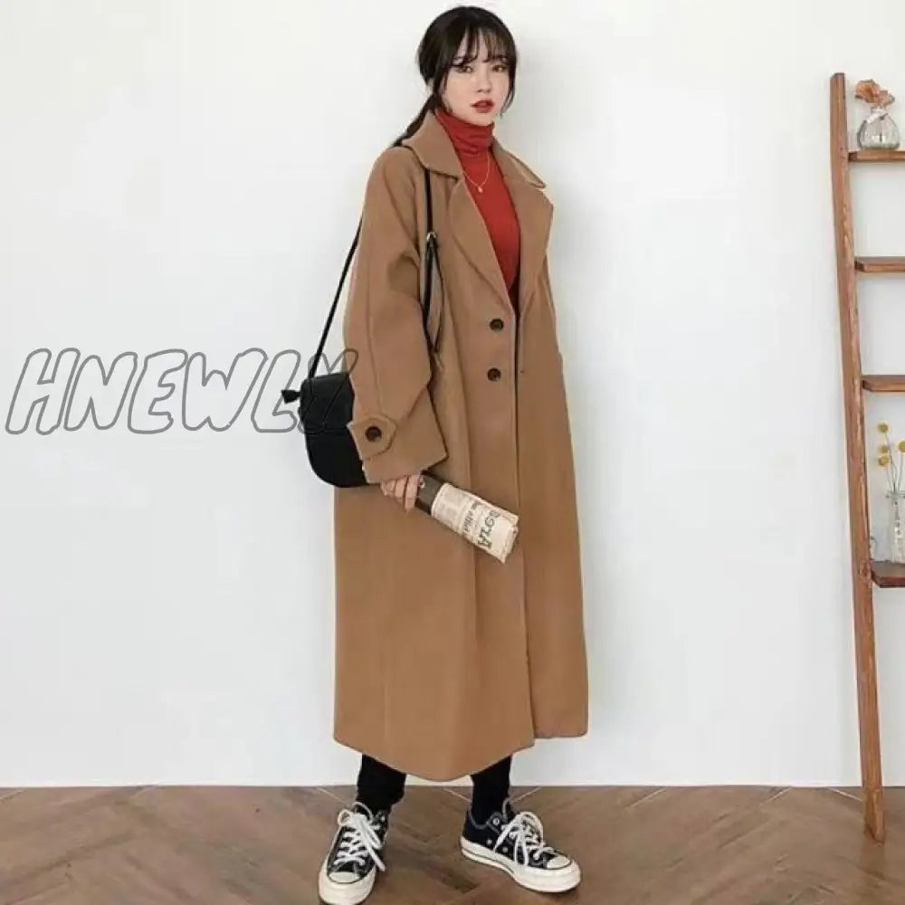 Woman Long Coat Fashion Korean Preppy Style Retro Versatile Windbreaker Casual Warm Woolen Coat Oversize Spring Women Coat