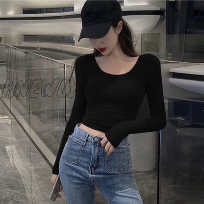 Woman TShirts Top Women's Tight Low-Necked Sexy Short Slim Long Sleeve T-shirt Crop Top Mujer Camisetas