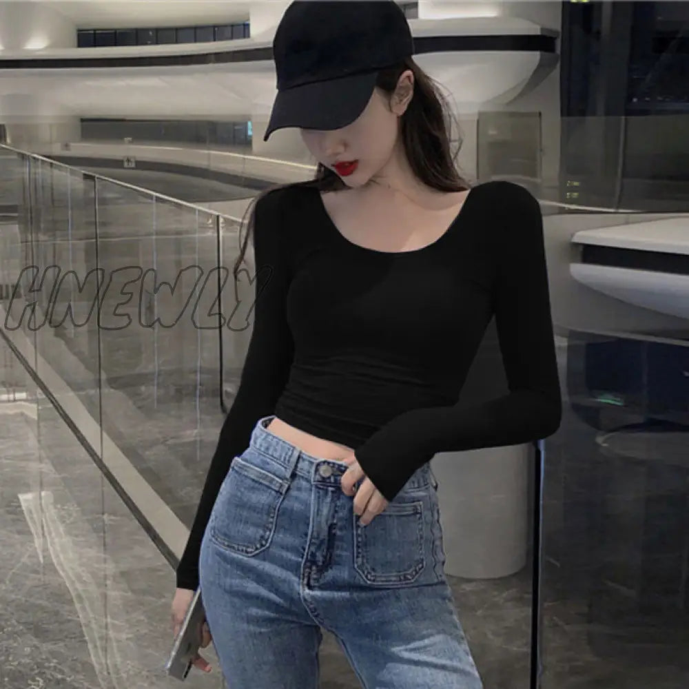 Woman TShirts Top Women's Tight Low-Necked Sexy Short Slim Long Sleeve T-shirt Crop Top Mujer Camisetas