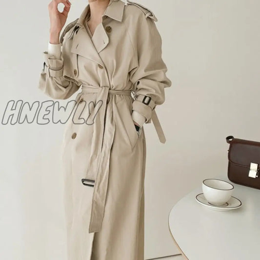 Women Double-breasted Long Trench Coat Autumn Winter Casual Za Elegant Loose Overcoat Fashion Long Sleeve Windbreaker Femme