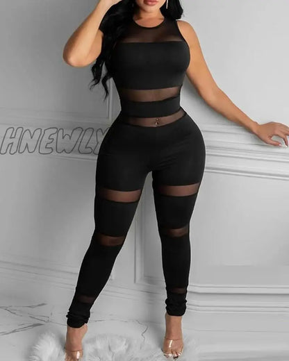 Women Fashion Elegant Casual Sheer Mesh Thick Strap Sleeveless Skinny Jumpsuit Solid Sexy Round Neck Party