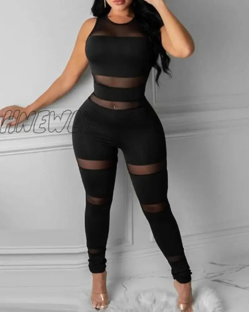 Women Fashion Elegant Casual Sheer Mesh Thick Strap Sleeveless Skinny Jumpsuit Solid Sexy Round Neck Party