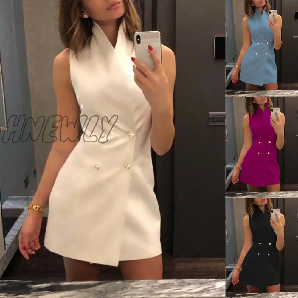 Women for Wedding Collar Blazer Double Breasted Sleeveless Dress Fashion Lady Summer High Waist Work Formal Solid Short Dress