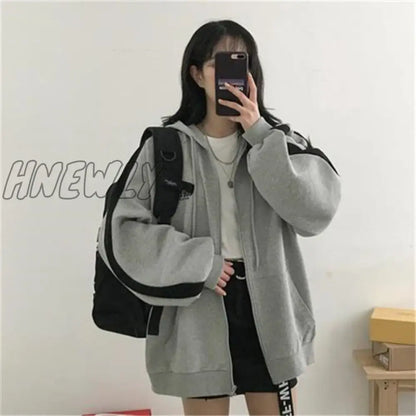 Women Korean Style Hoodies Zip-up Harajuku Oversized Solid Pocket Hooded Sweatshirts Autumn Long Sleeve Loose Baseball Jacket