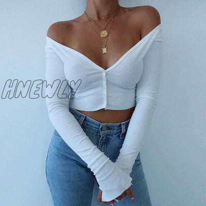 Women Long Sleeve Crop Tops Sexy Deep V Neck Basic Solid Black White Lady Casual Tshirt Sexy Off Shoulder T Shirts Summer Autumn