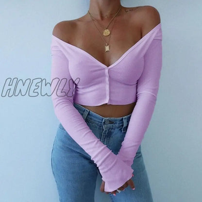 Women Long Sleeve Crop Tops Sexy Deep V Neck Basic Solid Black White Lady Casual Tshirt Sexy Off Shoulder T Shirts Summer Autumn