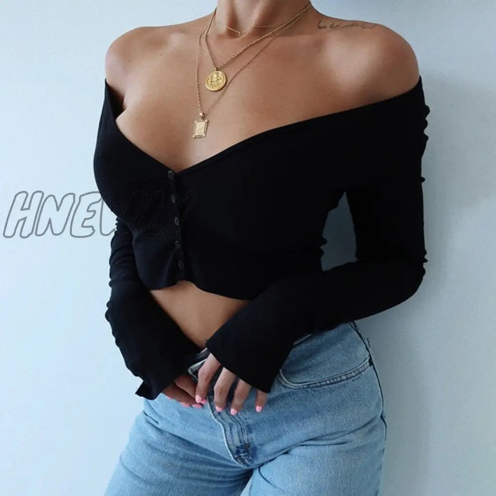 Women Long Sleeve Crop Tops Sexy Deep V Neck Basic Solid Black White Lady Casual Tshirt Sexy Off Shoulder T Shirts Summer Autumn