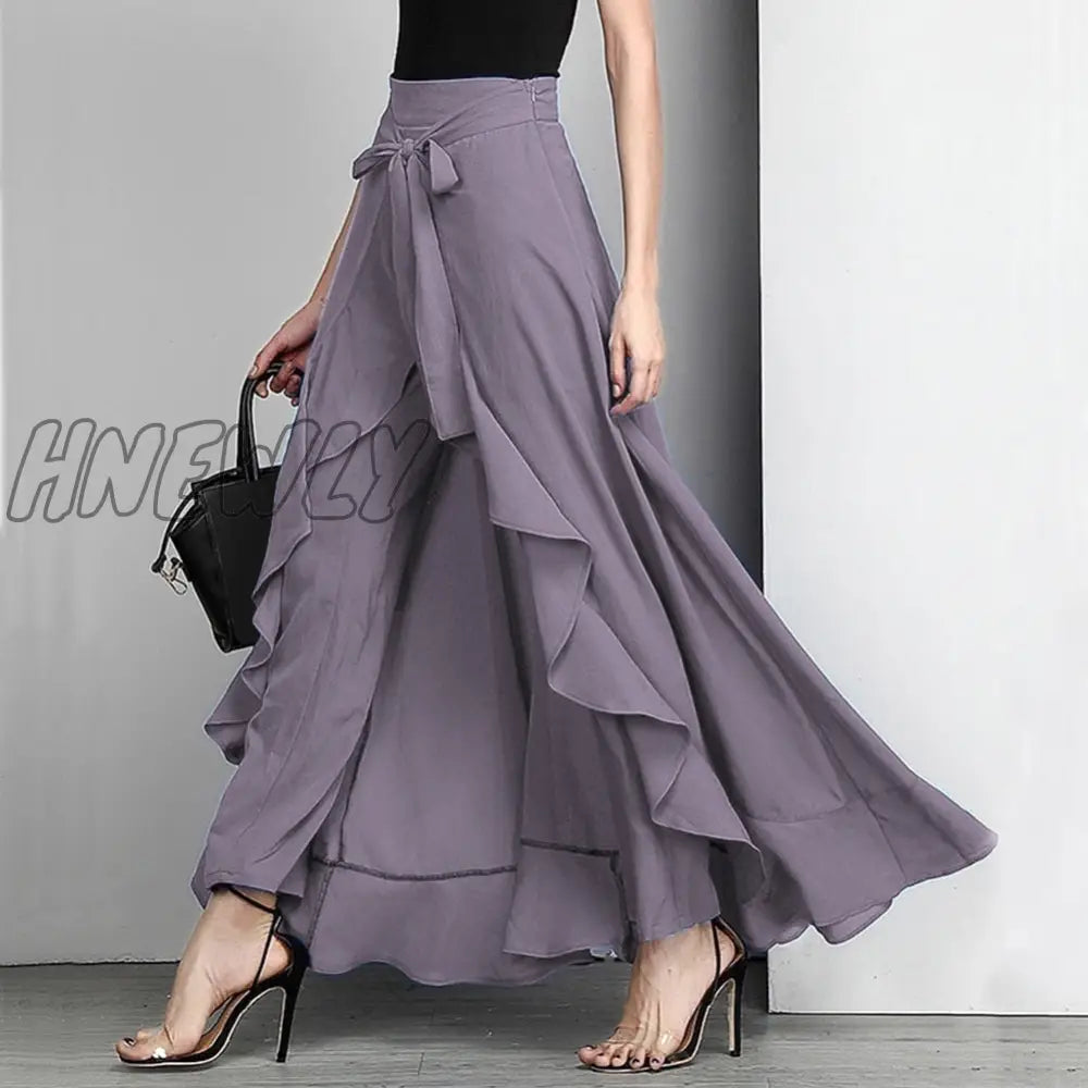 Women Palazzo Pants Causal Ruffle Drawstring Trouser Elegant High Waist Irregular Loose Pure Color Autumn Female Pant Skirt