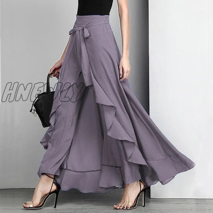 Women Palazzo Pants Causal Ruffle Drawstring Trouser Elegant High Waist Irregular Loose Pure Color Autumn Female Pant Skirt