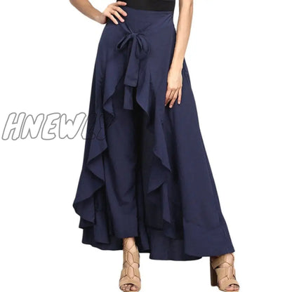 Women Palazzo Pants Causal Ruffle Drawstring Trouser Elegant High Waist Irregular Loose Pure Color Autumn Female Pant Skirt