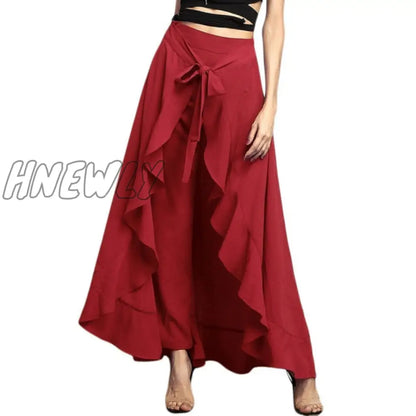 Women Palazzo Pants Causal Ruffle Drawstring Trouser Elegant High Waist Irregular Loose Pure Color Autumn Female Pant Skirt