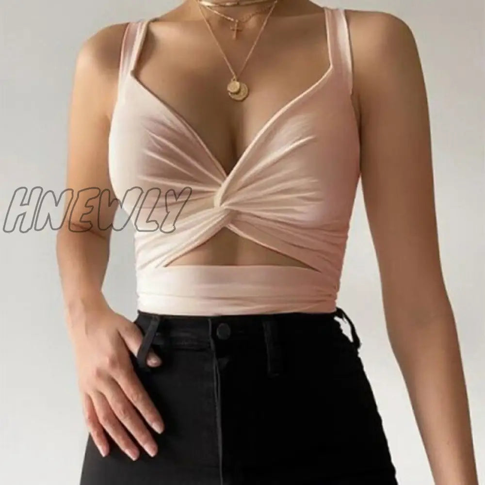 Women Sexy Hollow Out Bandage Short Style Tank Tops V-Neck Solid Backless Sleeveless Ladies Summer Casual Slim Vest Female