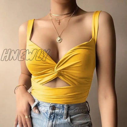 Women Sexy Hollow Out Bandage Short Style Tank Tops V-Neck Solid Backless Sleeveless Ladies Summer Casual Slim Vest Female