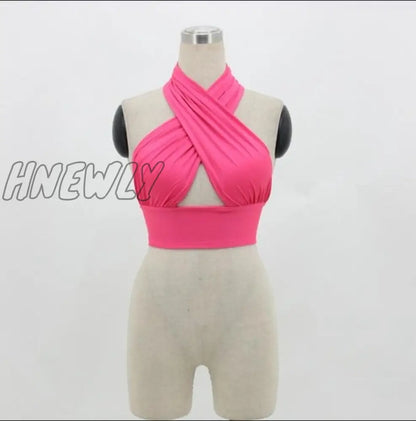 Women Strappy Cross Over Front Cut Out Halter Neck Sleeveless Backless Crop Top Bandage Vest Summer Sexy Tops Woman Clothes S-XL