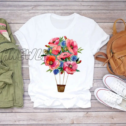 Women Summer Short Sleeve Floral Flower Fashion Lady T-shirts Top T Shirt Ladies Womens Graphic Female Tee T-Shirt