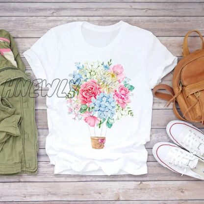 Women Summer Short Sleeve Floral Flower Fashion Lady T-shirts Top T Shirt Ladies Womens Graphic Female Tee T-Shirt