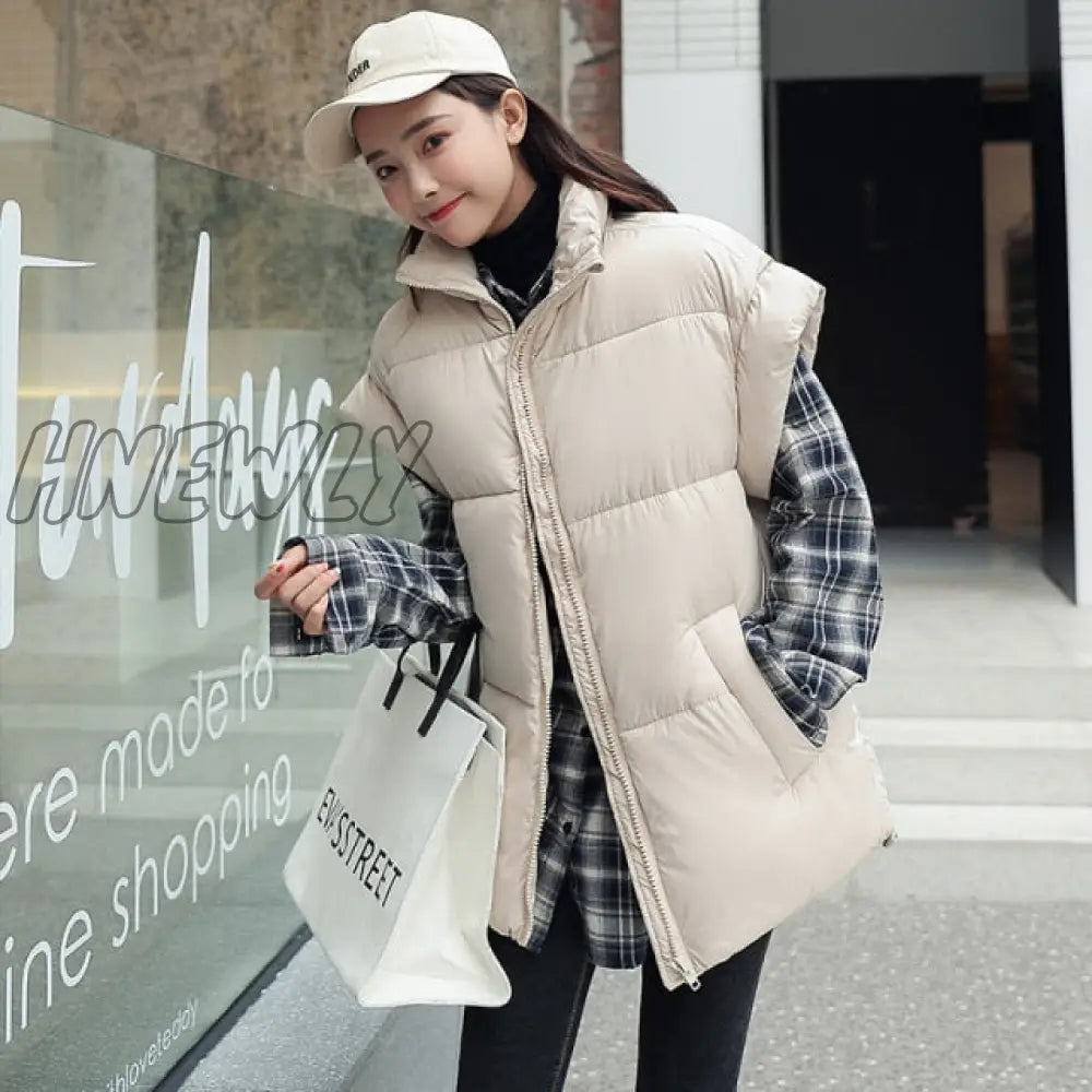 Women Thick Down Cotton Vest Winter Autumn Solid Puffer Waistcoat for Female Stand Collar Loose Sleeveless Vest Jacket Coat