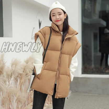 Women Thick Down Cotton Vest Winter Autumn Solid Puffer Waistcoat for Female Stand Collar Loose Sleeveless Vest Jacket Coat