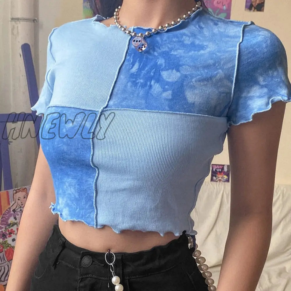 Women Tie Dye Cropped Top Ruffle Frill Short Sleeve Tops Patchwork T-Shirts Round Neck Casual Tees Party Summer Clothes