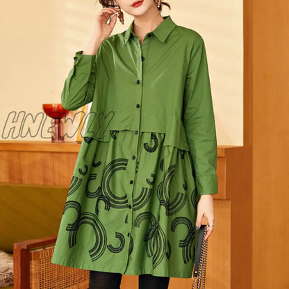 women Trench Coat Embroidered Shirt Tops Spring Autumn New Coat Long-Sleeved Loose Mid-Length Large Size Outerwear Female