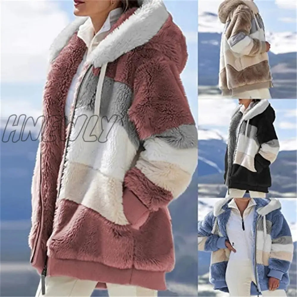 Women Warm Hooded Jacket Winter Zipper Casual Patchwork Loose Coat Fashion Faux Fur Parka Fleece Drawstring Plus Size Coat