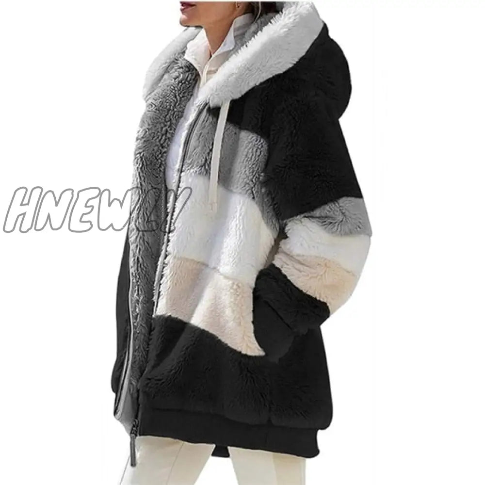 Women Warm Hooded Jacket Winter Zipper Casual Patchwork Loose Coat Fashion Faux Fur Parka Fleece Drawstring Plus Size Coat