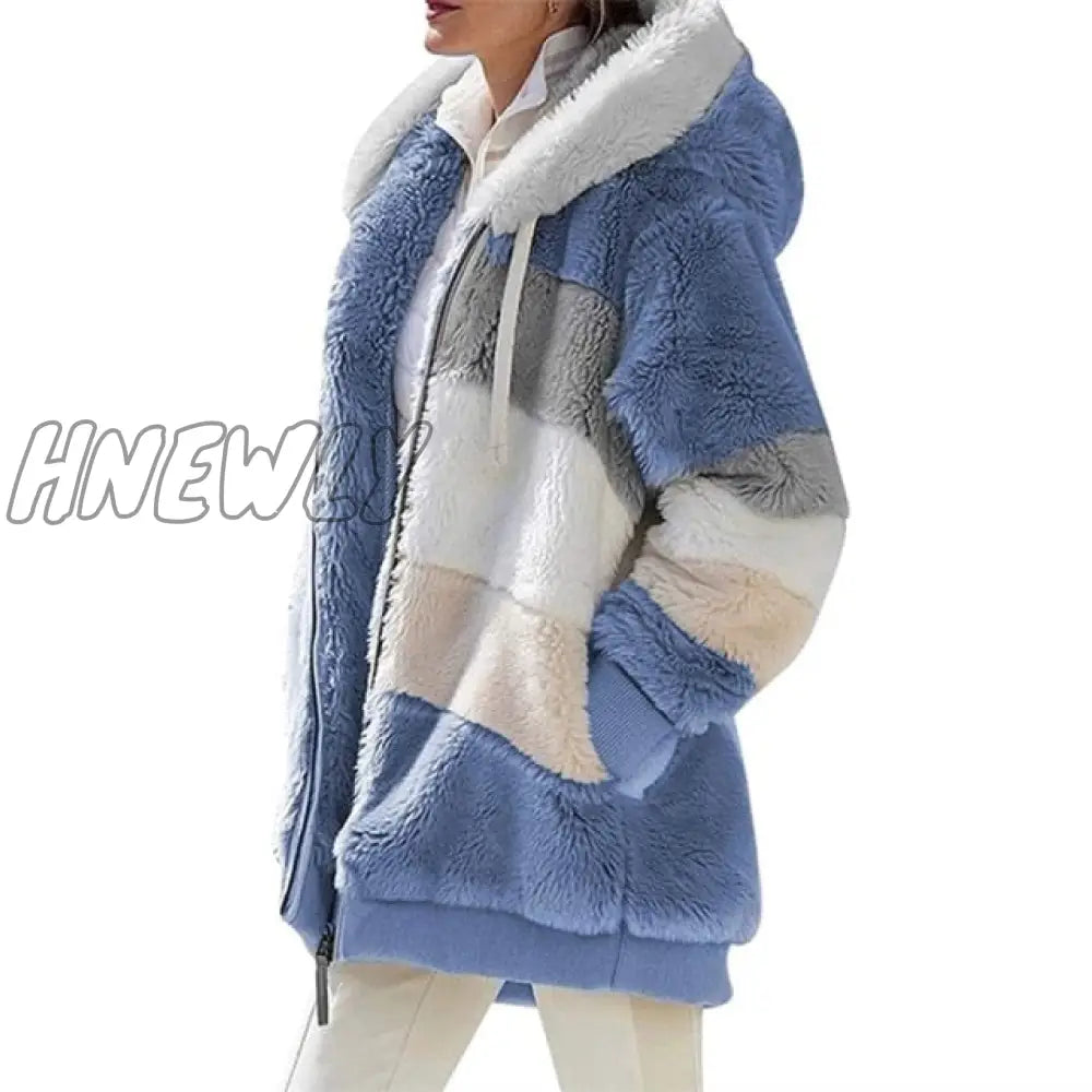 Women Warm Hooded Jacket Winter Zipper Casual Patchwork Loose Coat Fashion Faux Fur Parka Fleece Drawstring Plus Size Coat