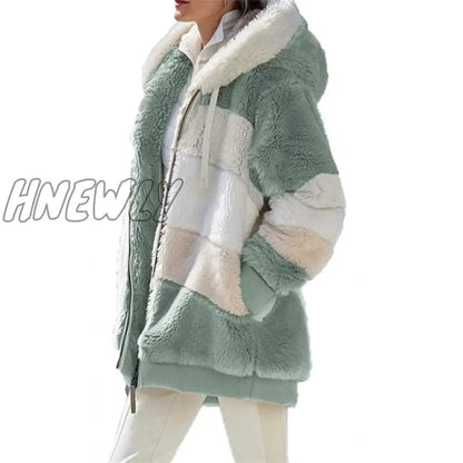 Women Warm Hooded Jacket Winter Zipper Casual Patchwork Loose Coat Fashion Faux Fur Parka Fleece Drawstring Plus Size Coat