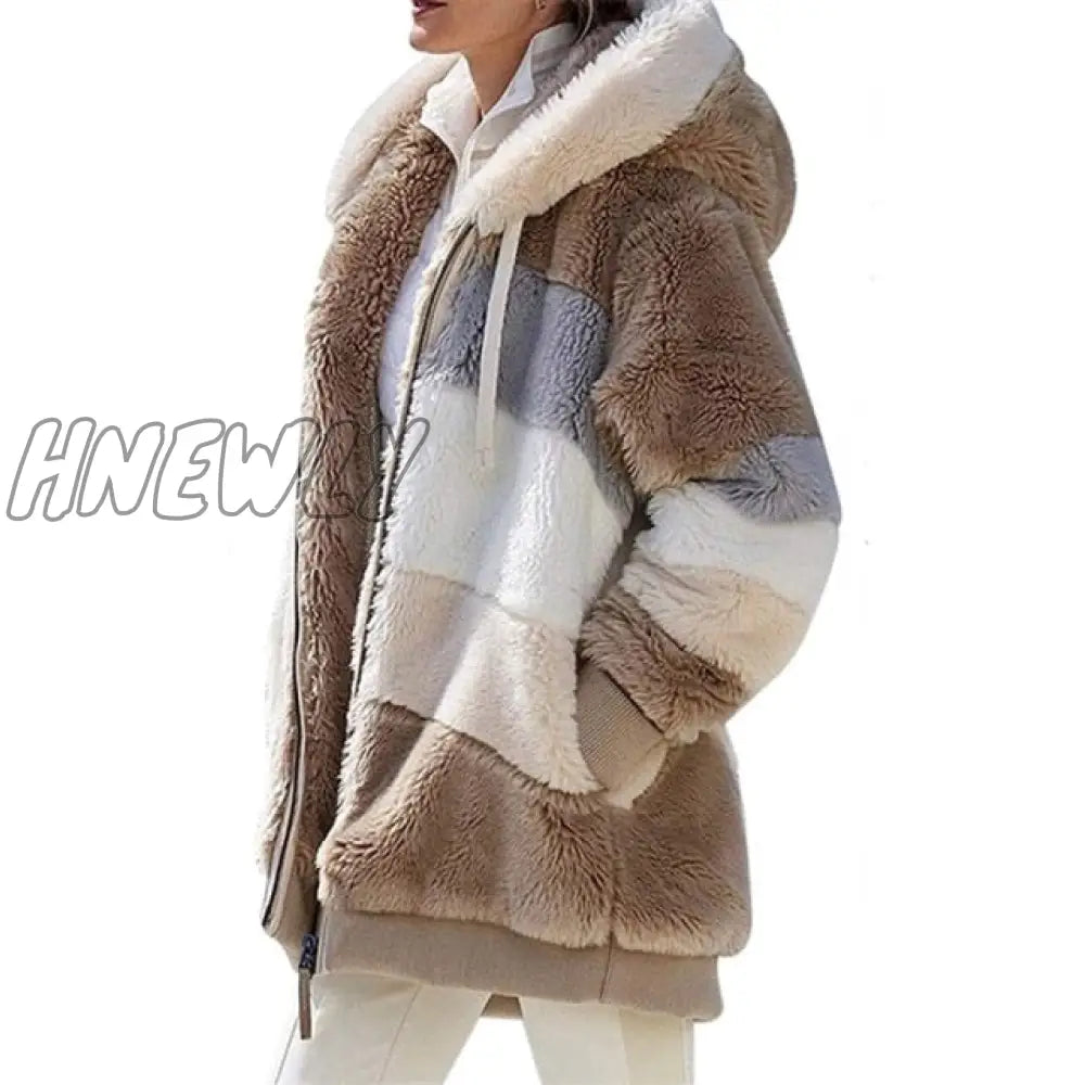 Women Warm Hooded Jacket Winter Zipper Casual Patchwork Loose Coat Fashion Faux Fur Parka Fleece Drawstring Plus Size Coat