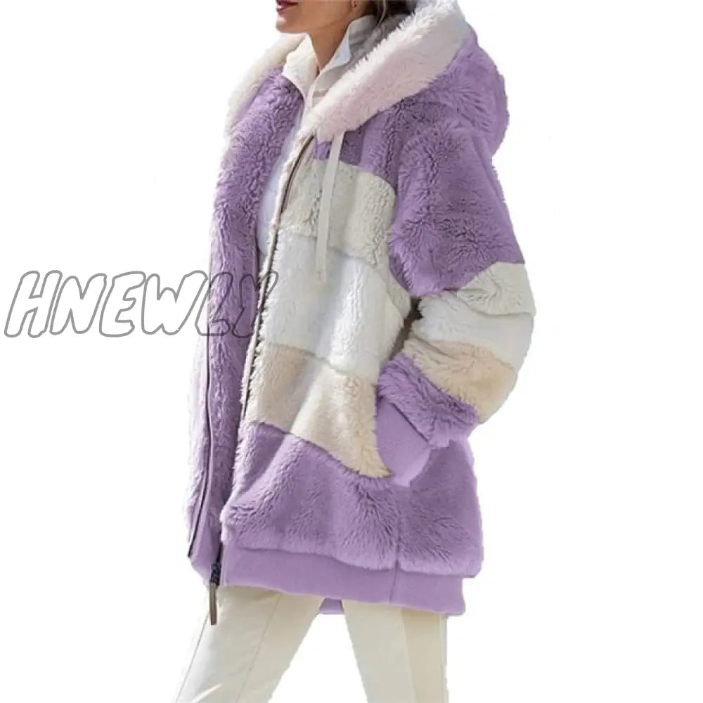 Women Warm Hooded Jacket Winter Zipper Casual Patchwork Loose Coat Fashion Faux Fur Parka Fleece Drawstring Plus Size Coat