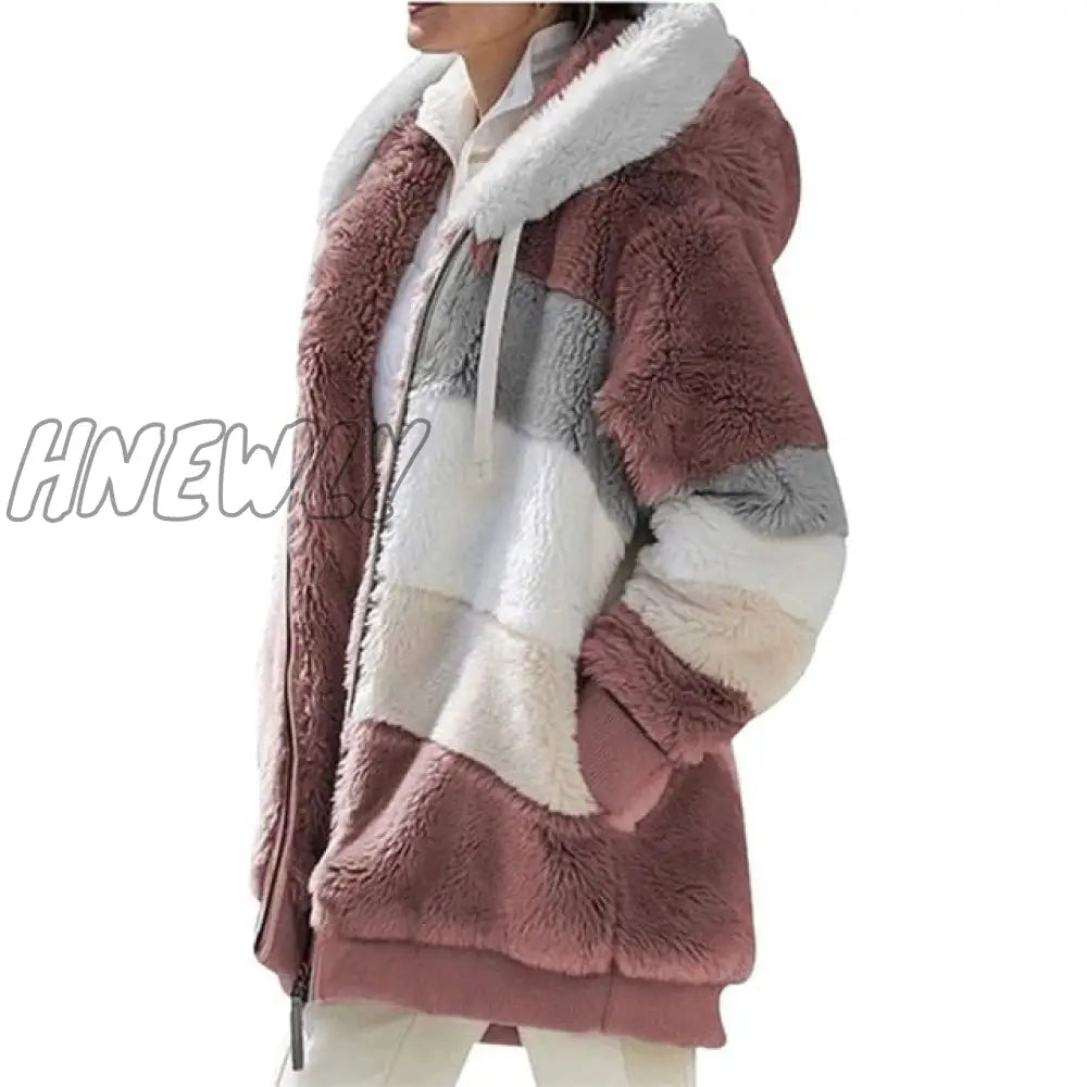 Women Warm Hooded Jacket Winter Zipper Casual Patchwork Loose Coat Fashion Faux Fur Parka Fleece Drawstring Plus Size Coat