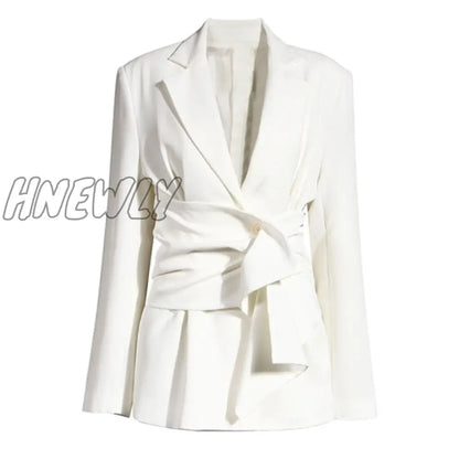 Women White Knot Split Joint Irregular Blazer New Lapel Long Sleeve Loose Fit Jacket Fashion Spring Autumn Young Professional Outfits Casual